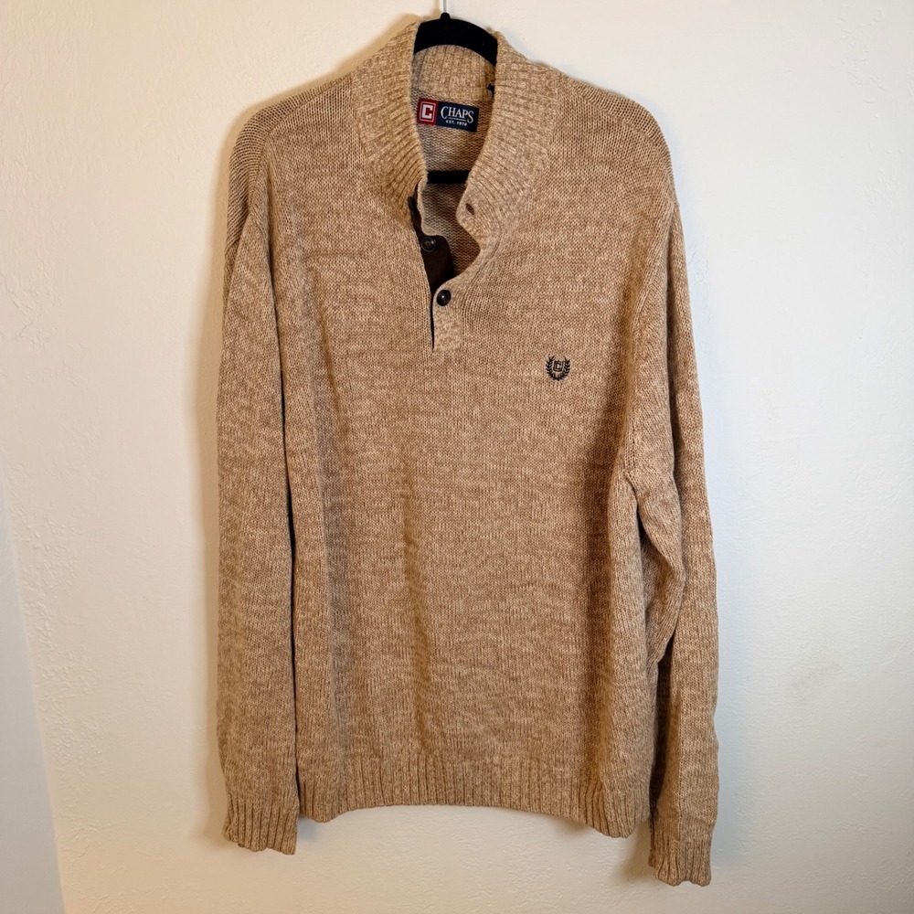 Chaps Mens XL Tan Cotton Knit Mock Neck Button Pullover Sweater Oatmeal Heather
